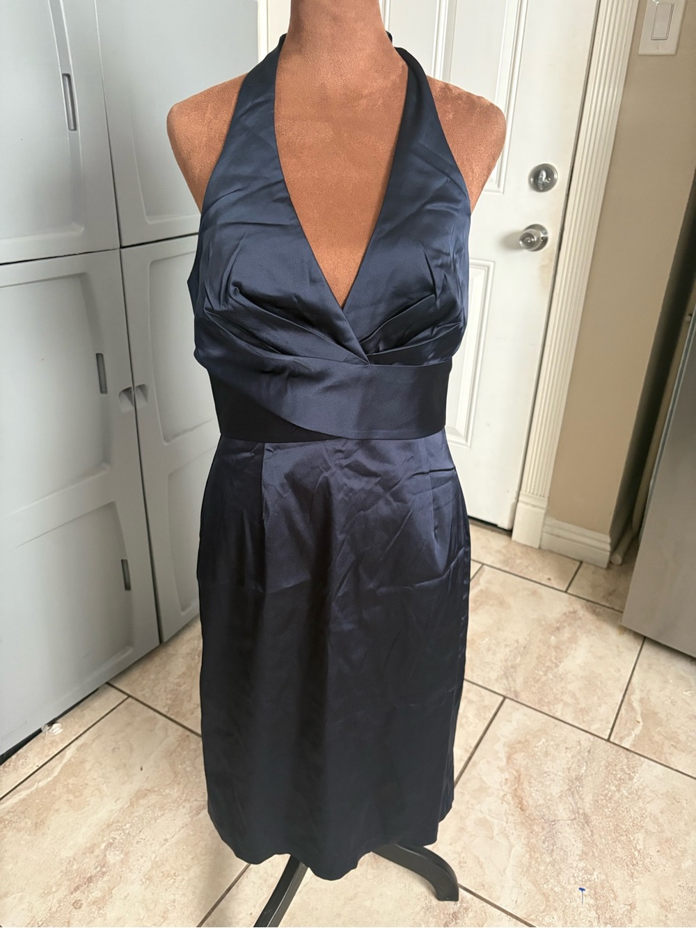 Donna Ricco Navy One-Shoulder Satin Halter Dress